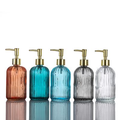 China Personal Care 400ml Vertical Stripe Liquid Soap Dispenser Hand Sanitizer Body Lotion Glass Bottle With Pump Lid for sale