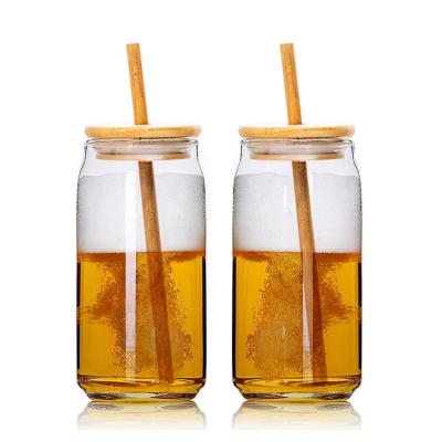 China Stocked 550ml 16oz high quality big transparent clear box shaped containers bamboo lid cola beer glass mug with straw for sale