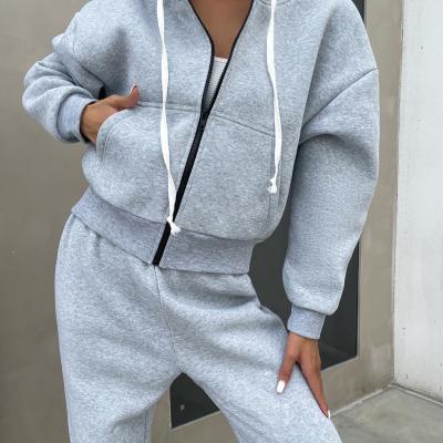 China 2022 Women QUICK DRY Custom Logo Drop Shoulder Zipper Drawstring Hoodie Thermal Women Winter Sweatpants And Hoodie Set for sale