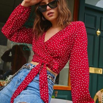 China 2021 New HSD Shein Supplier New Fashion Women's Young Polka Dot Wrap Tie Crop Blouse Breathable Clothing for sale