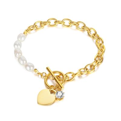 China Cute Wholesale Fresh water pearl splicing chain cold wind heart inlaid with zircon titanium steel OT buckle bracelet,for women,girl for sale