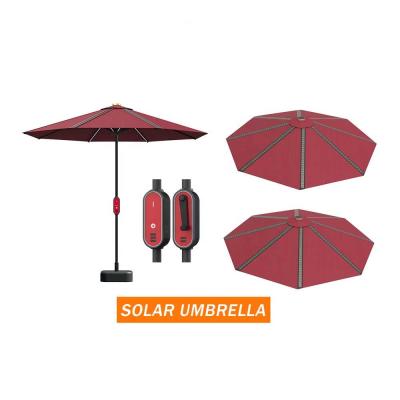 China Factory Stainless Steel 11ft Solar LED Lighted Aluminum Canopy Offset Outdoor Garden Patio Umbrella with USB Charger for sale