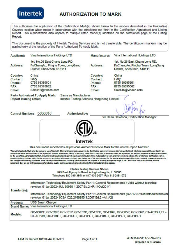 ETL - Shenzhen Vina Electronics Company Ltd.