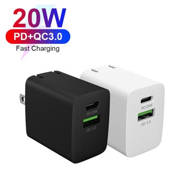 China Universal Mobile Phone US EU R-U Plug USB-C Dual Output PD 20W Wall Charger For iPhone 12 Mobile Phone for sale