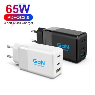 China Portable Cell Phone Multi-port Mini GaN Charger 65W QC3.0 Mobile Phone Palladium Wall Charger for sale