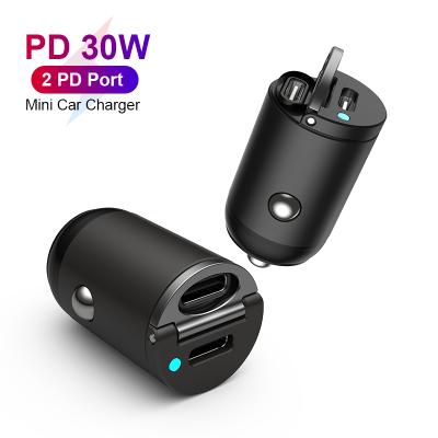 China Mini Design Double USB-C Mobile Phone Output 30W Fast Change Smartphone Car Charger for sale