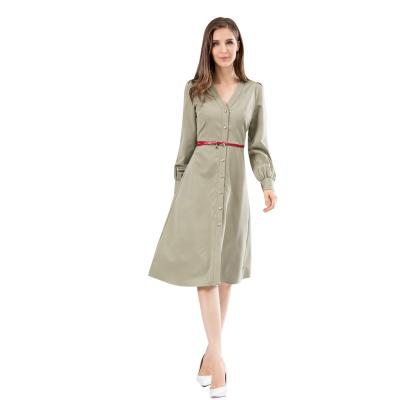 China Spring Women's Simple Midi A Line Belt Button Long Sleeve V-Neck Office Front Office Anti-wrinkle Midi Dress for sale