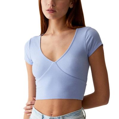 China Hot Sale Breathable Women's Custom Short Sleeves V-Neckline Cropped Back Tie T-Shirt for sale