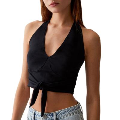 China Breathable Hot Sale Womens Custom Black Tie Front Halter Cropped V-Neck Top for sale