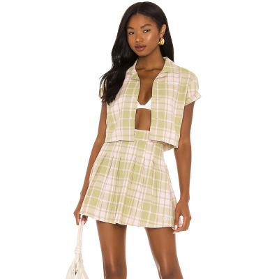 China 2021 Breathable Lime Plaid Green Turn Down Short Sleeve Skirt Two-Piece Pleated Shirt And Short Set Women for sale