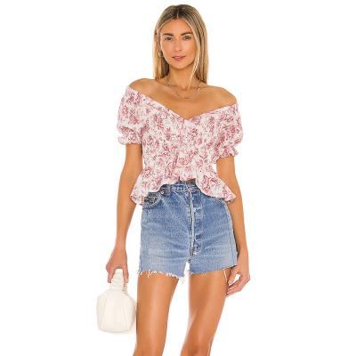 China Breathable New Arrival Printed Shoulder Off Short Sleeves Ruffles Women Cropped Blouses&Shirts for sale