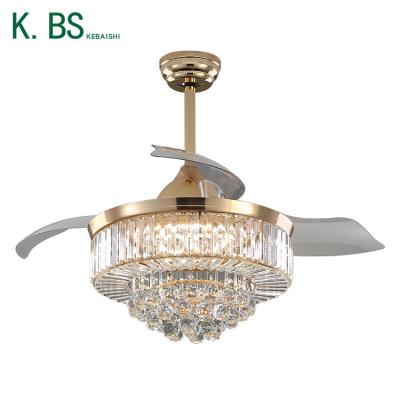 China Gold 42Inch K9 Crystal Chandelier Ceiling Fan With Retractable Modern Home Restaurant Decorative Led Light for sale