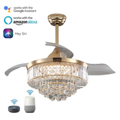 China Gold 42Inch K9 Crystal Chandelier Smart Ceiling Fan Simple Modern Home Restaurant Decorative Retractable With Led Light for sale