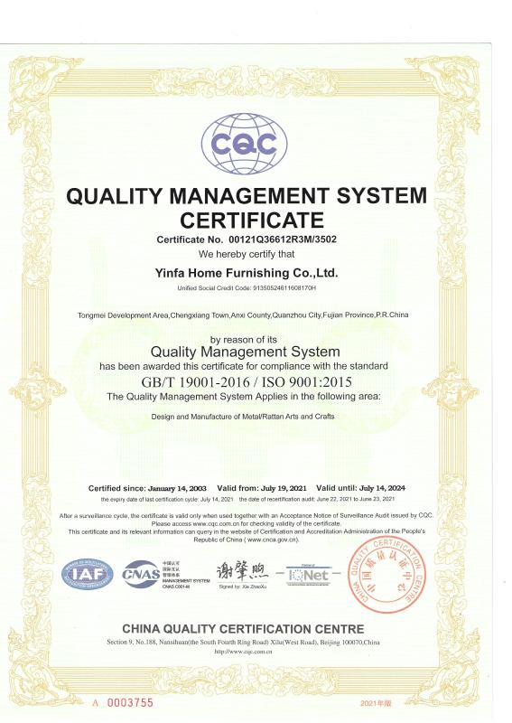 ISO9001 - Yinfa Home Furnishing Co., Ltd. Anxi