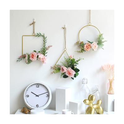 China Wholesale Modern Decoration Metal Door Hangings Artificial Flower Metal Circle Garland Geometric Wreath For Wall Decor for sale