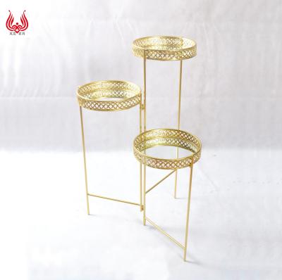 China YINFA Eco-friendly Luxury Gold Decorative Metal Folding 3 Tier Basket Pot Holder Flower Plant Stand Holder With Glass For Garden for sale