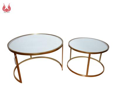 China Modern Yinfa Set Modern Living Room Furniture 2 Round Nesting Metal Accent Side Table Set With Glass Top Coffee Table for sale