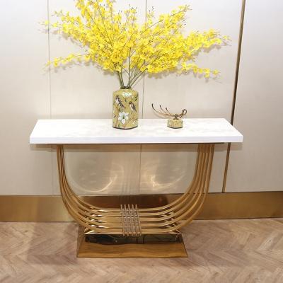 China Stable Curve design customized console table gold stainless steel base entrance table for sale