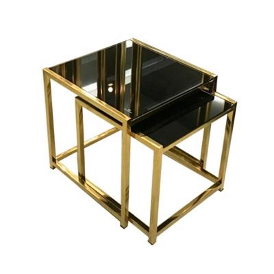 China Stable Style Luxury Side Table Gold Mirror Coffee Table Set Glass Top End Tables for sale