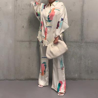 China Other New Women's Home Wear Long Sleeve Wide Leg Pants Printed Two Piece Pajamas for sale