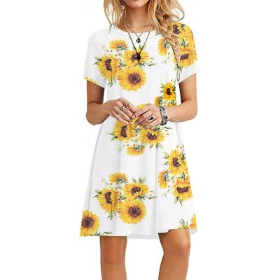 China New Amazon European and American women's short sleeve neck washable solid color round print casual dress for sale