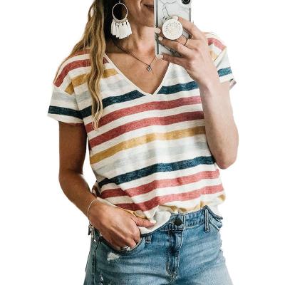 China New Summer Fashion Anti-pilling Color Striped Print ContrastvCollar Casual Top For Women for sale