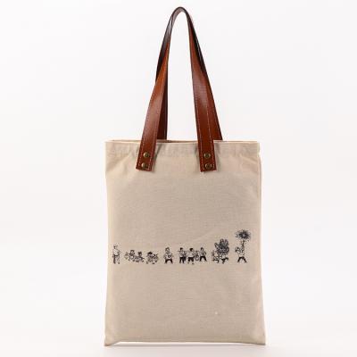 China Non-Toxic Customize Reusable Bag Eco Friendly Brown Leather Strap Handles Cotton Canvas Custom Tote Bag for sale