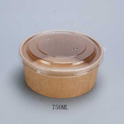 China 750ML Biodegradable Customized Disposable Takeaway Salad Round Coating Kraft Paper Salad Bowl With Plastic Lid for sale