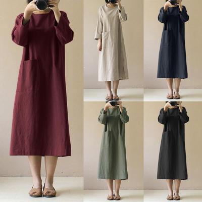 China Anti-wrinkle casual simple vintage plus size crew neck cotton women's clothing long sleeve long linen dress with pocket for sale