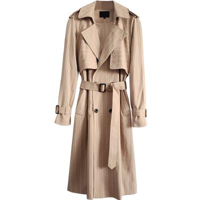 China Anti-wrinkle Spring Autumn New Design Ladies Long Wind Coat Vertical Stripe Ditch Coat for sale