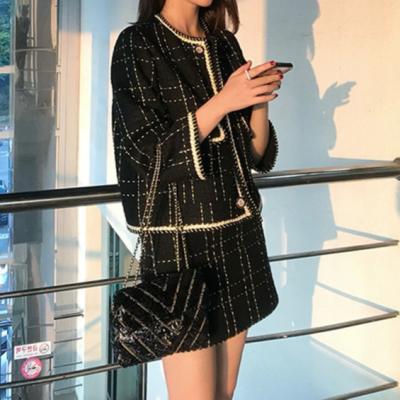 China OEM ODM Crewneck Custom Made Elegant Style Plaid Tweed Jacket Short Skirt Black Two Piece Set For Women for sale