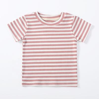 China Baby Toddler Kids White Breathable Neutral Loose Fit Short Sleeve Tee Shirt Unisex Yarn Dyed Stripe T-shirt Kids Organic Cotton Top for sale