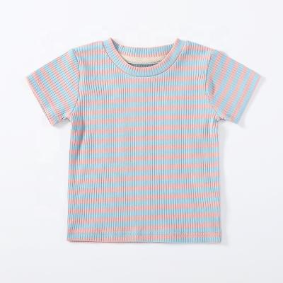 China Breathable Loose Fit Shorts Sleeved Baby T-Shirts Organic Cotton Top O Neck Kids Striped Cotton Kids T-shirt Short Sleeve for sale