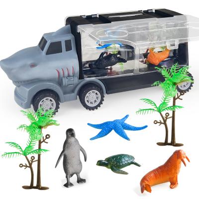 China Play Inside and Outside Yongnkids Portable Storage Shark Container Truck with 4 Mini Sea Animal Toys and Two Trees for sale