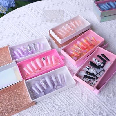 China Free Shipping Fashion Ballerina Long Coffin Customize Diamond Nail Art Private Label Gel Glue Fake Nails Set Of Nails for sale