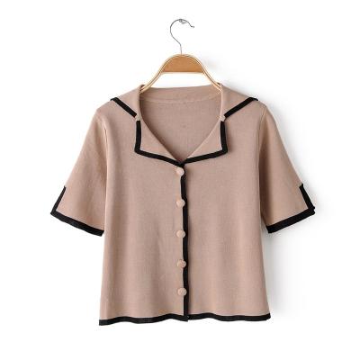 China Fashion Anti-Shrink Button Up Patchwork Color Short Sleeve Woman Summer Knitted T-Shirt for sale