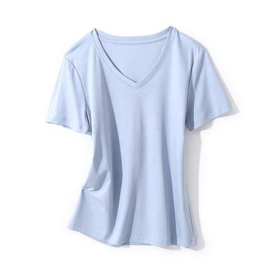 China 2021 Summer Anti-Shrink Candy Colors Women T-shirts Solid Cotton And Silk Blend Plain V-Neck Shorts Sleeved Shirts for sale