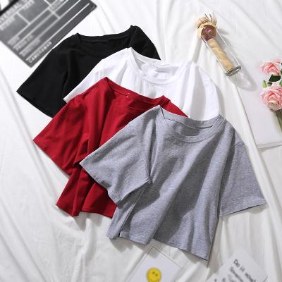 China 2021 Summer Short Sleeve Cotton T-shirts Women Anti-Shrink Solid Neck T Shirt O High Waist Crop Top Stitch Casual Loose T-shirt Female for sale