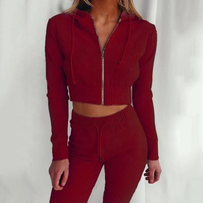 China High Quality QUICK DRY Custom Sweatsuit Ladies Sweatsuit Pants Set 100% Cotton Two Piece Zipper Up Tracksuit Women Crop Jogger Set for sale