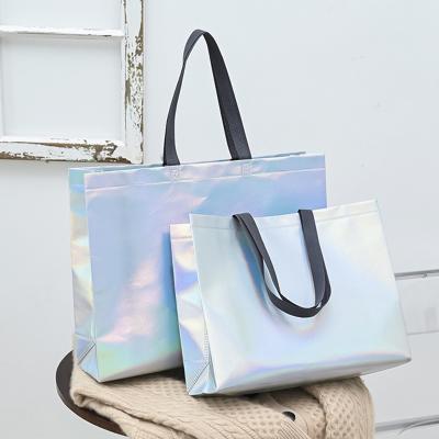 China Custom Metallic Nonwoven Glitter Tote Bag For Shopping Logo Eco Recyclable Holographic Iridescent Laminited Storage for sale