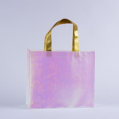 China Storage Logo Reusable Shiny Custom Pink Holographic Metallic Laminated Iridescent Wedding Gift Wrap Nonwoven Nonwoven Shopping Bag for sale