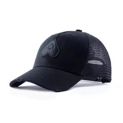 China Simple Black Cost Effective Custom 5 Panel Mesh Applique Embroidered Patch Trucker Hat For Men for sale