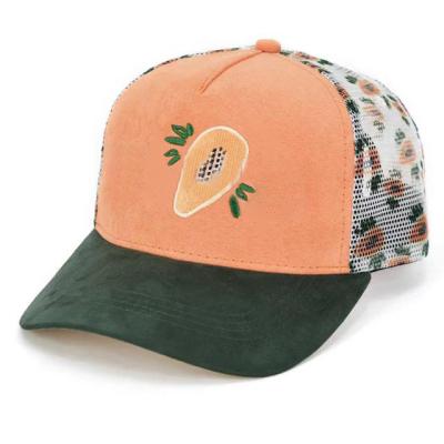 China Summer COMMON Women's 5 Panel Printed Mesh Hat Adjustable Plastic Buckle Embroidered Suede Hat Trucker Hat for sale