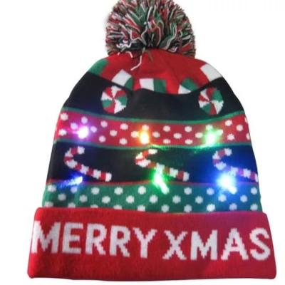 China COMMON Wholesale Customize Logo Fashion Multi Pattern Christmas Pom Pom Led Light Knitted Hat Winter Hat for sale