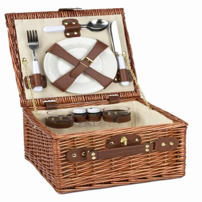 China Spring Sustainable Summer Outdoor Handmade Natural Wicker Rattan 2 Person Picnic Basket Set With Forks Cutlery And Lid for sale