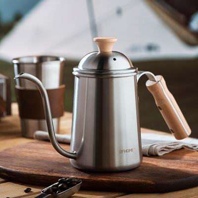 China Large Capacity Tea Coffee Stainless Steel 600ML Kettle Thermometer Hand Drip Water Wooden Pot Coffee Pour Over Gooseneck Coffee Kettle for sale