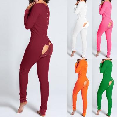 China Adult Women QUICK DRY Pajamas Solid Color Long Sleeve Long Pants Night Wear Onesie Women With Butt Flap for sale