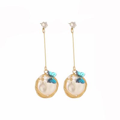 China Designer punk jewelry with long pearl tassel earrings and handmade butterfly flower stud earrings for sale