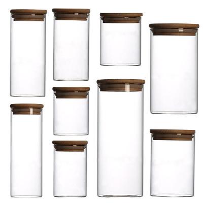 China Freshness Preservation 350ml Kitchen Storage Box Clear Glass Container With Wooden Lid Dry Food All Size Stackable Transparent Organizer for sale