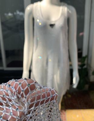 China Diamond Vest Dress Rhinestone Embroidered white QUICK DRY Mesh Mini Dress Sparkling Crystal Shining see party club sundress for sale